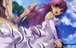 Konachan.com - 98020 blue_eyes boku_to_kanojo_ni_furuyoru dress misaki_kurehito purple_hair sword weapon