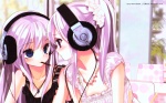Konachan.com - 75258 blue_eyes blush headphones long_hair pink_eyes pocky purple_hair scan