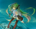 Konachan.com - 79174 green_hair hatsune_miku headphones long_hair skirt thighhighs tie twintails vocaloid water