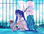Konachan.com - 80793 amazawa_koma blue_eyes blue_hair dog dress hatsune_miku long_hair petals summer_dress umbrella vocaloid