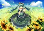 Konachan.com - 80805 clouds dress flowers green_eyes green_hair hatsune_miku petals ribbons sky sunflower vocaloid