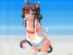 Konachan.com - 83122 beach bikini blue_eyes brown_hair catgirl popsicle ribbons swimsuit tan_lines twintails