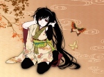 Konachan.com - 88085 black_hair butterfly flowers headphones japanese_clothes kimono long_hair mio_(yumehikou) nagone_mako red_eyes thighhighs utau vocaloid