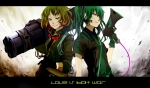 Konachan.com - 91795 green_eyes green_hair gumi hatsune_miku headphones tie twintails vocaloid weapon