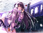 Konachan.com - 177993 blush brown_eyes long_hair original purple_hair scarf skirt snow swordsouls train valentine